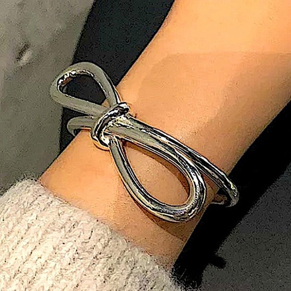 Bow Tie Knot Sterling Silver Bangle Cuff Bracelet - Picture 3 of 6